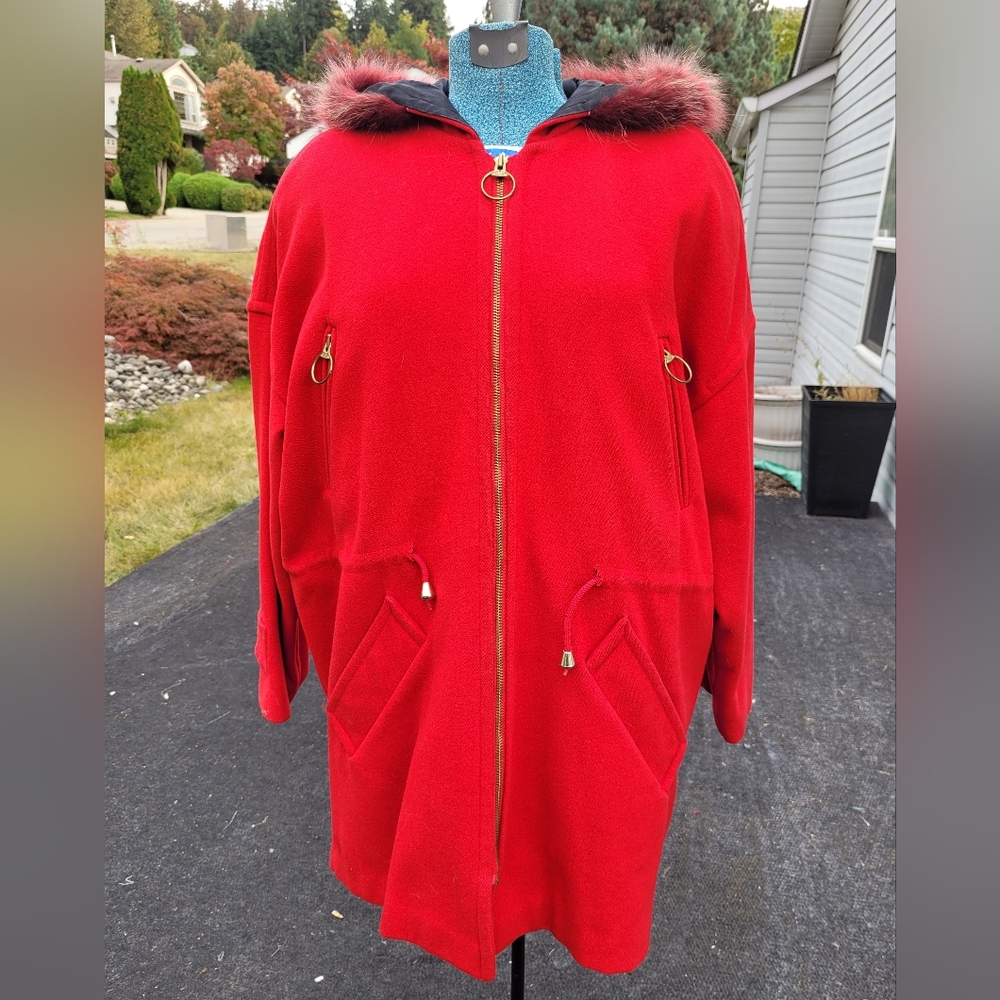 Vintage Red Women's Coat with Fur Trim